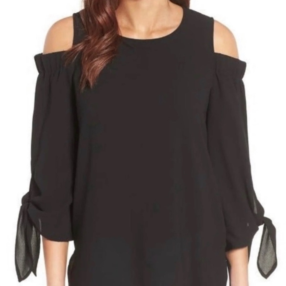 Gibson Black Cold Shoulder Blouse with Tie Sleeves